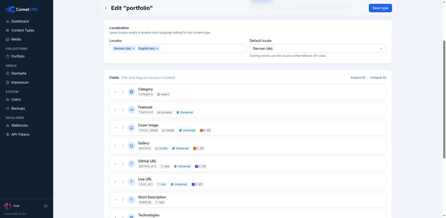 Editing a content type schema in CometCMS