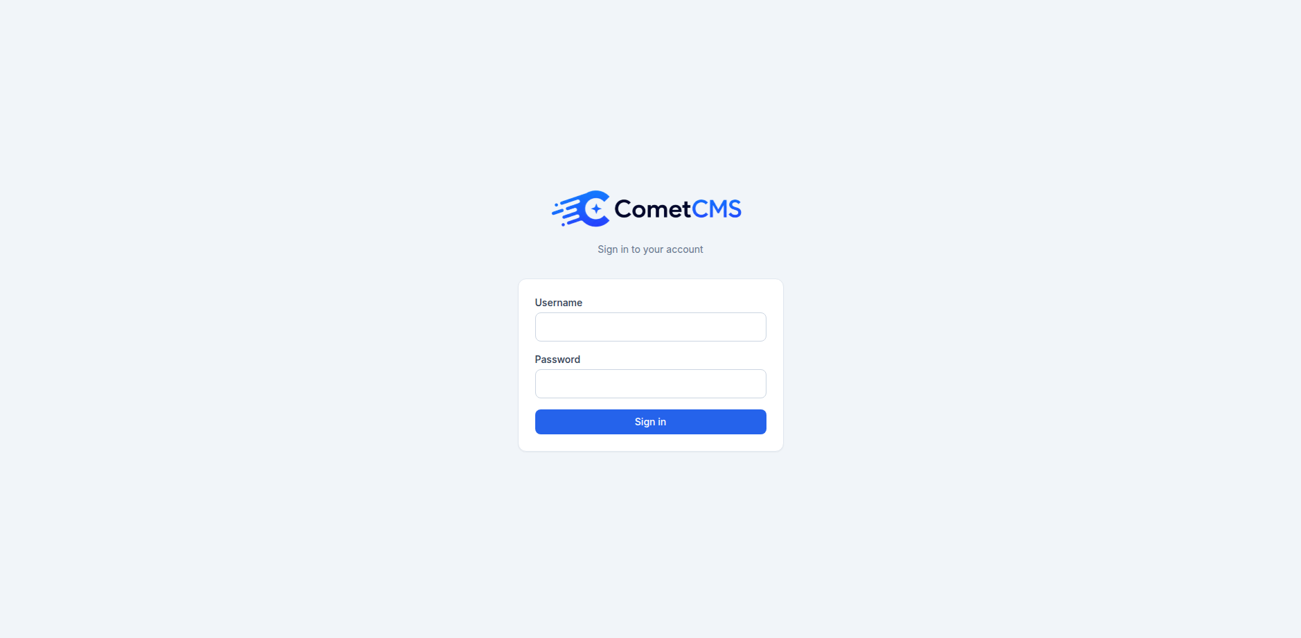 CometCMS setup screen for creating the first admin account