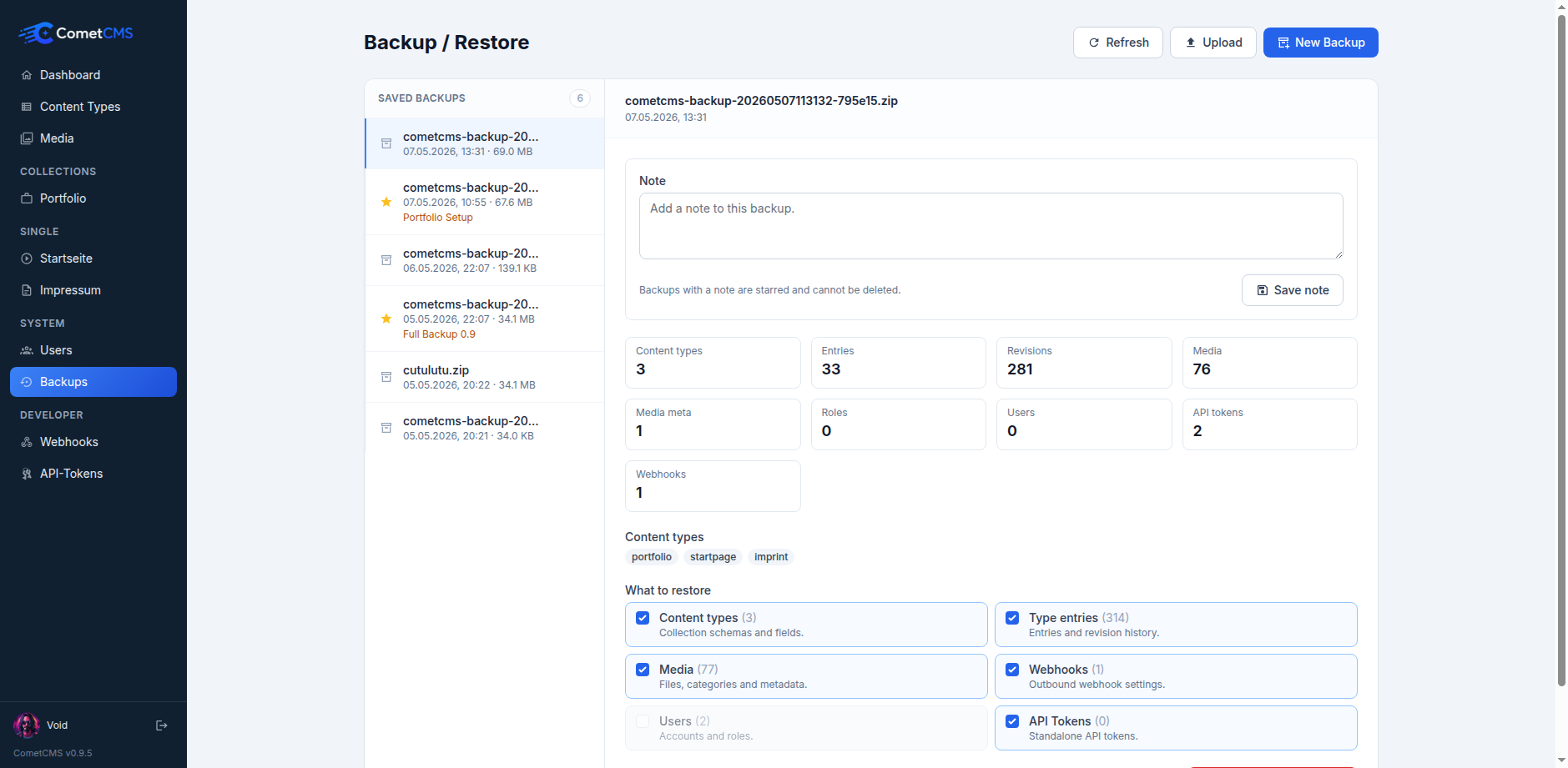 Backup and restore screen in the CometCMS admin