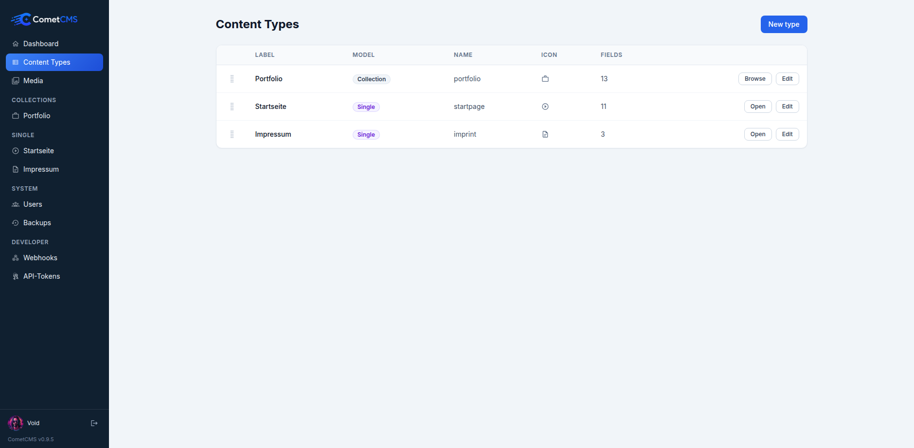Content types overview in the CometCMS admin