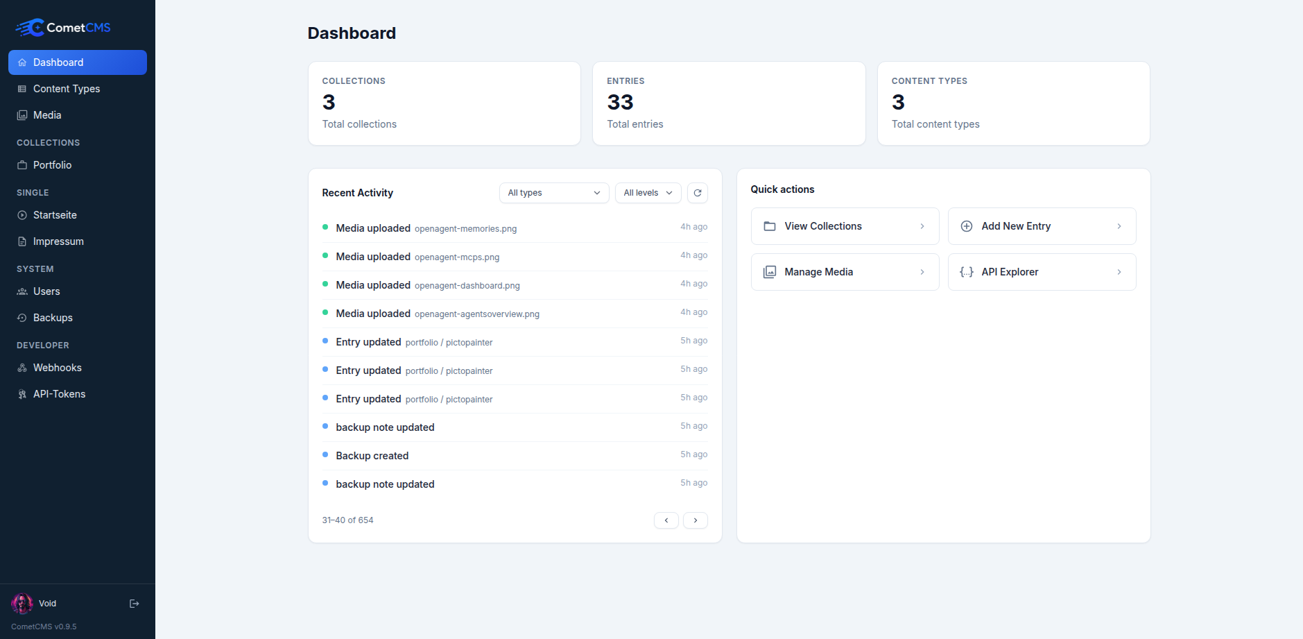 CometCMS admin dashboard