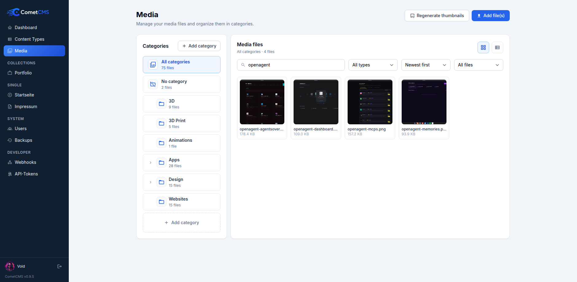 Media library view in the CometCMS admin