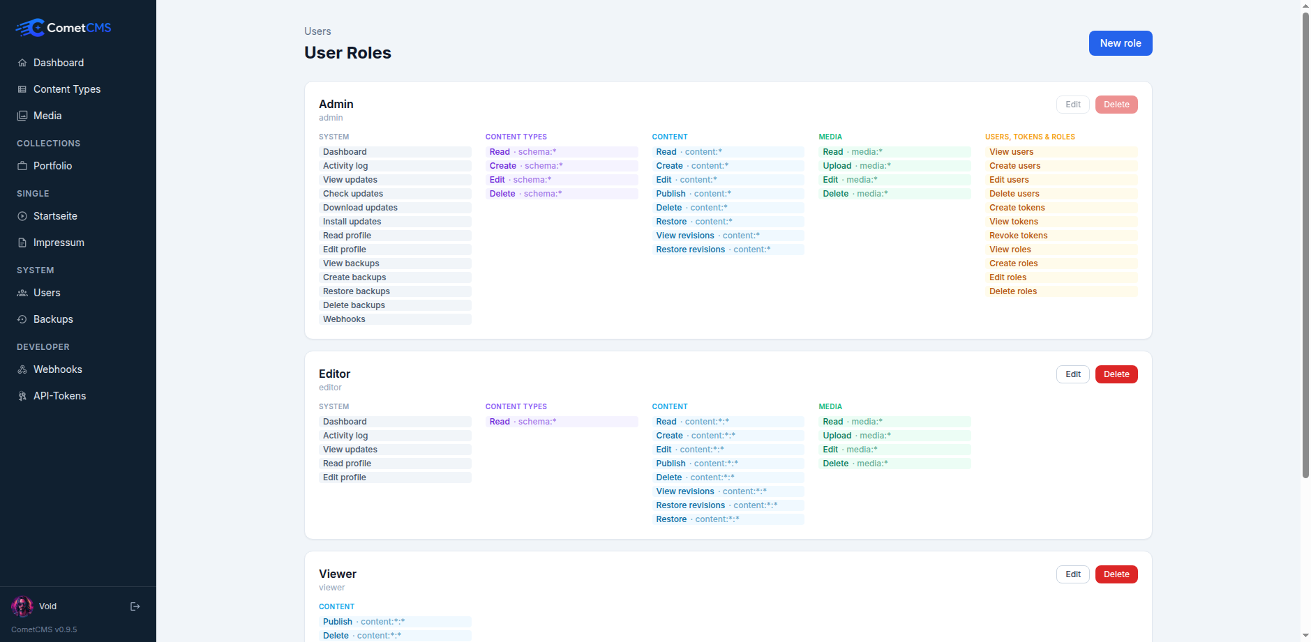 Role permissions editor in the CometCMS admin