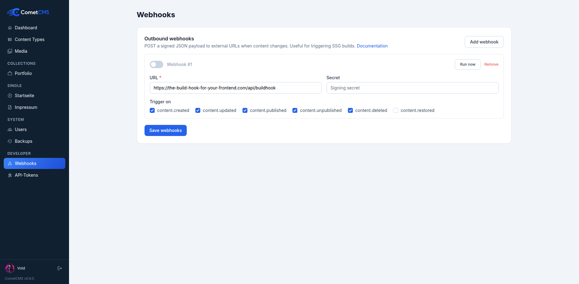 Webhooks screen in the CometCMS admin